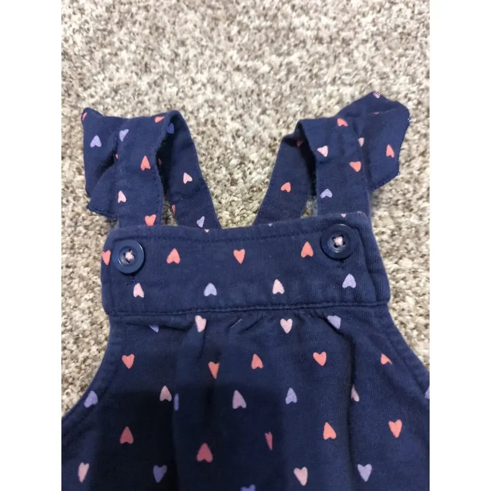 CARTER'S Navy Blue Knit Adjustable Overalls with Pink Hearts Ruffles 18 months